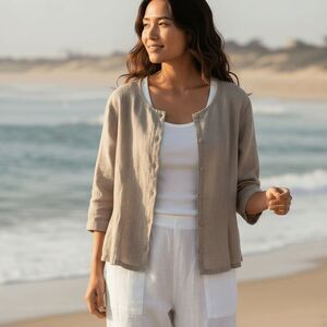 FLAX Linen Button Front Blouse Cardigan 3/4 Sleeve Round Neck Tan Size XXL (16)